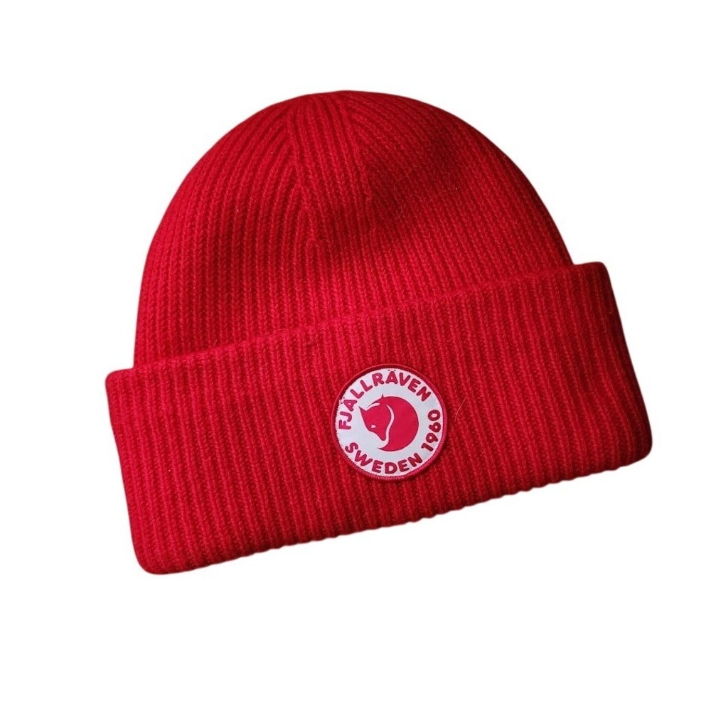 FJALLRAVEN 1960 Logo Hat Lambswool Beanie Red Ribbed Winter Cap Gorpcore OS